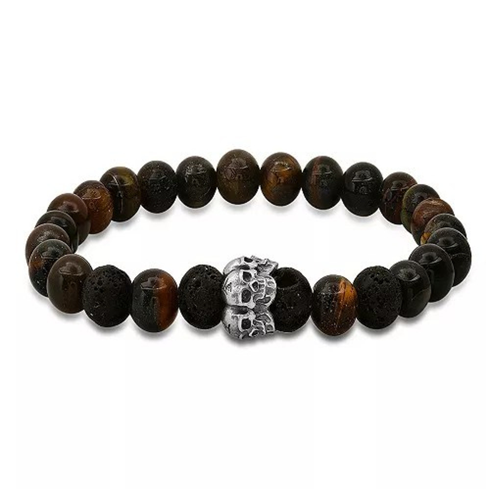 STEELTIME Tiger's Eye & Black Lava Skull Beaded Stretch Bracelet for Men